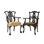 Two Chippendale style mahogany elbow chairs,