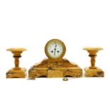 A Giallo Siena marble clock garniture,