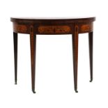 A George III mahogany, tulipwood, satinwood, harewood and marquetry card table,