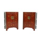 A pair of red lacquered Chinoiserie bedside cabinets