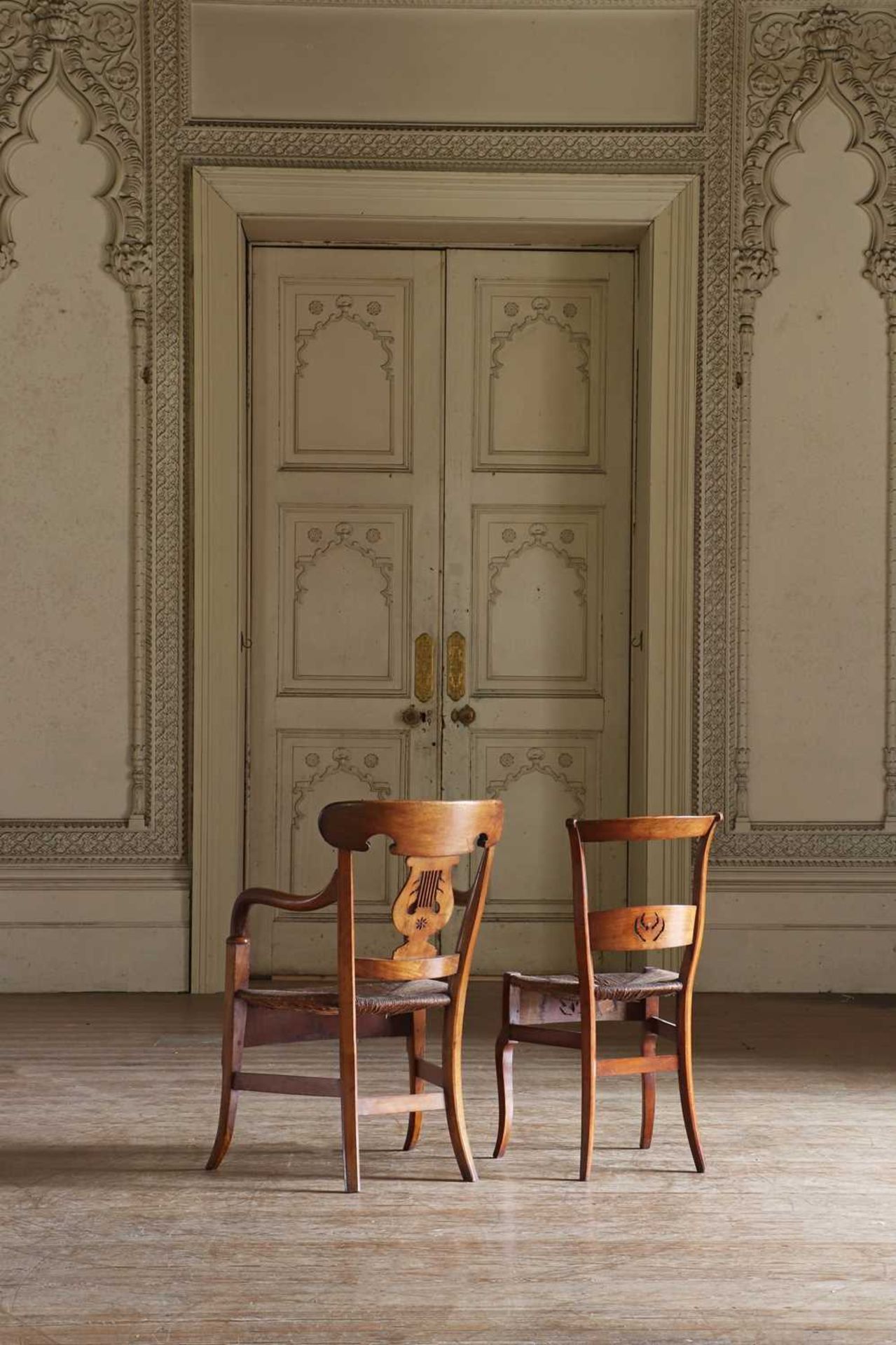 ☘ A composed set of six Biedermeier walnut dining chairs, - Image 5 of 9