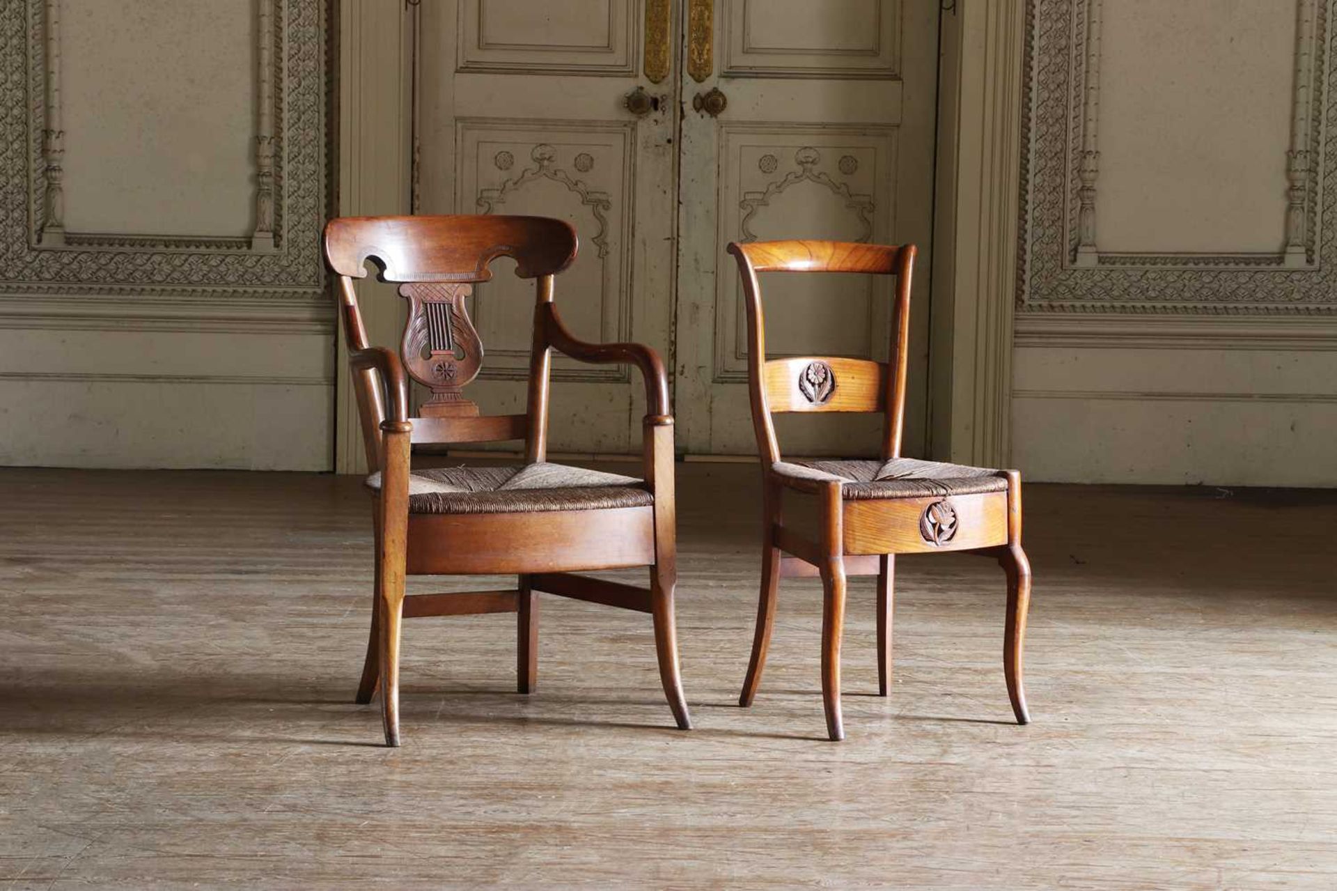 ☘ A composed set of six Biedermeier walnut dining chairs, - Image 8 of 9