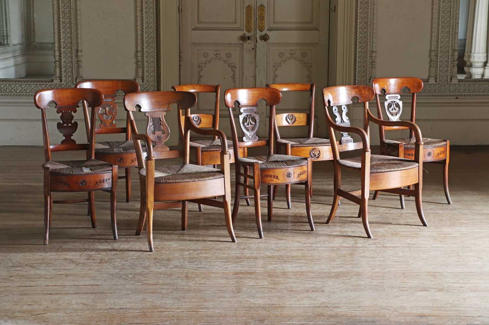 ☘ A composed set of six Biedermeier walnut dining chairs, - Image 7 of 9