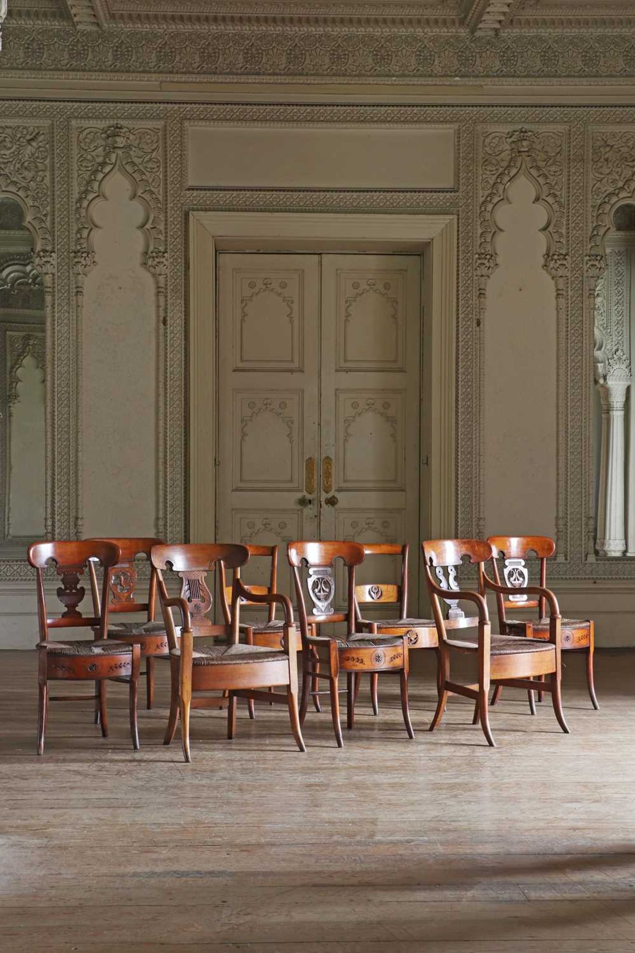 ☘ A composed set of six Biedermeier walnut dining chairs,