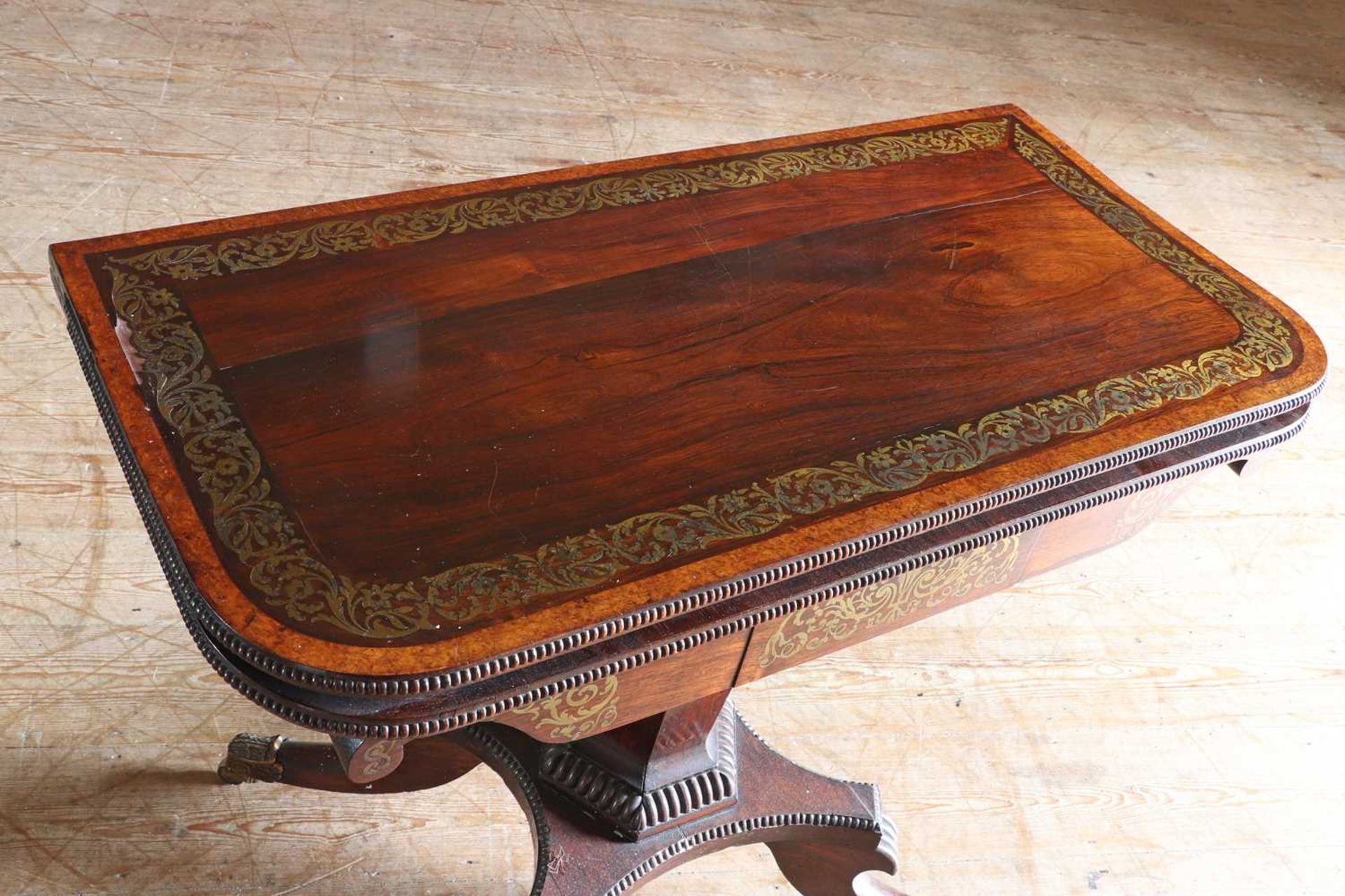 A Regency rosewood and brass-inlaid pedestal card table, - Image 4 of 7