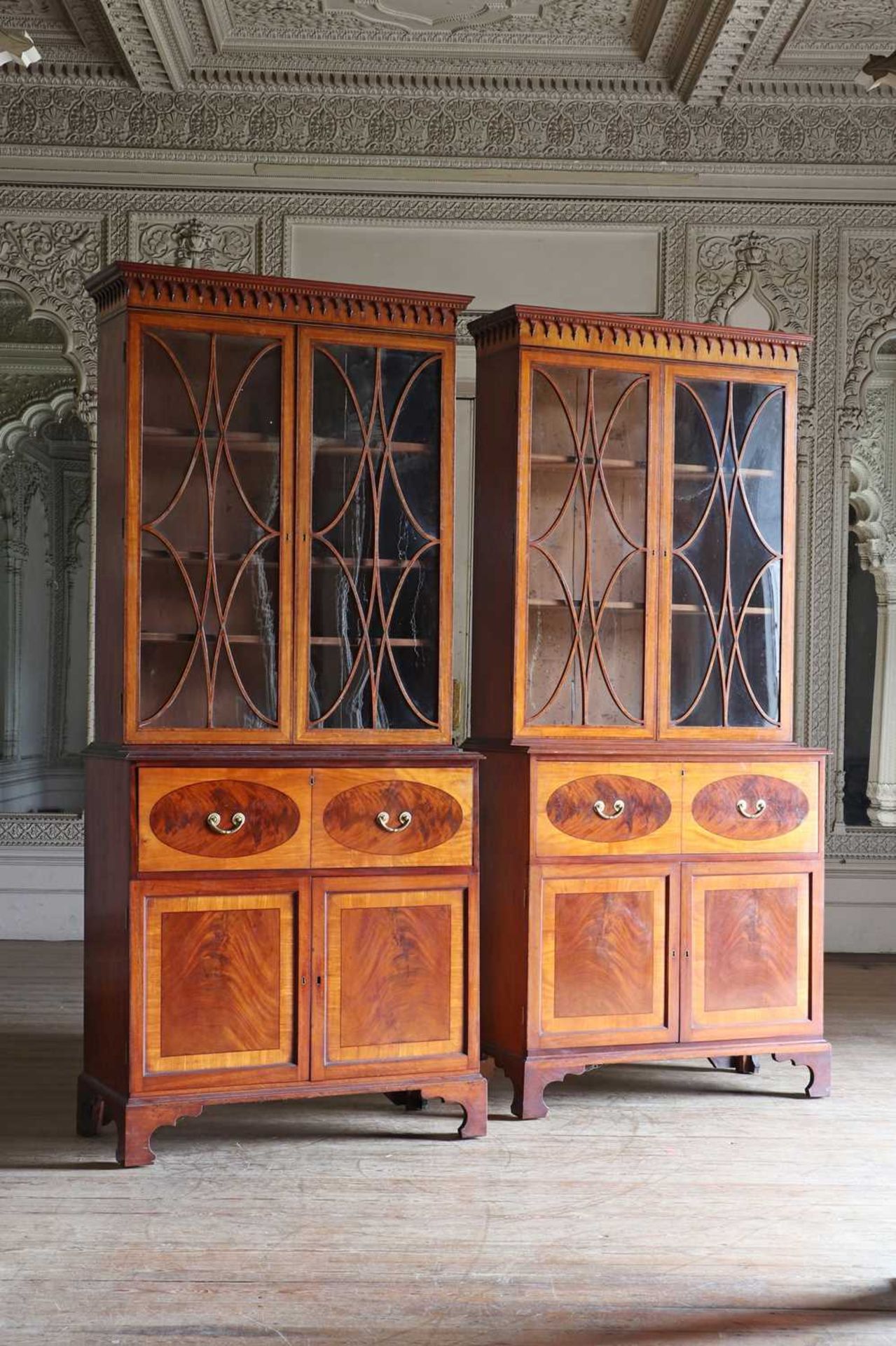 ☘ A pair of late George III satinwood secretaire cabinets,