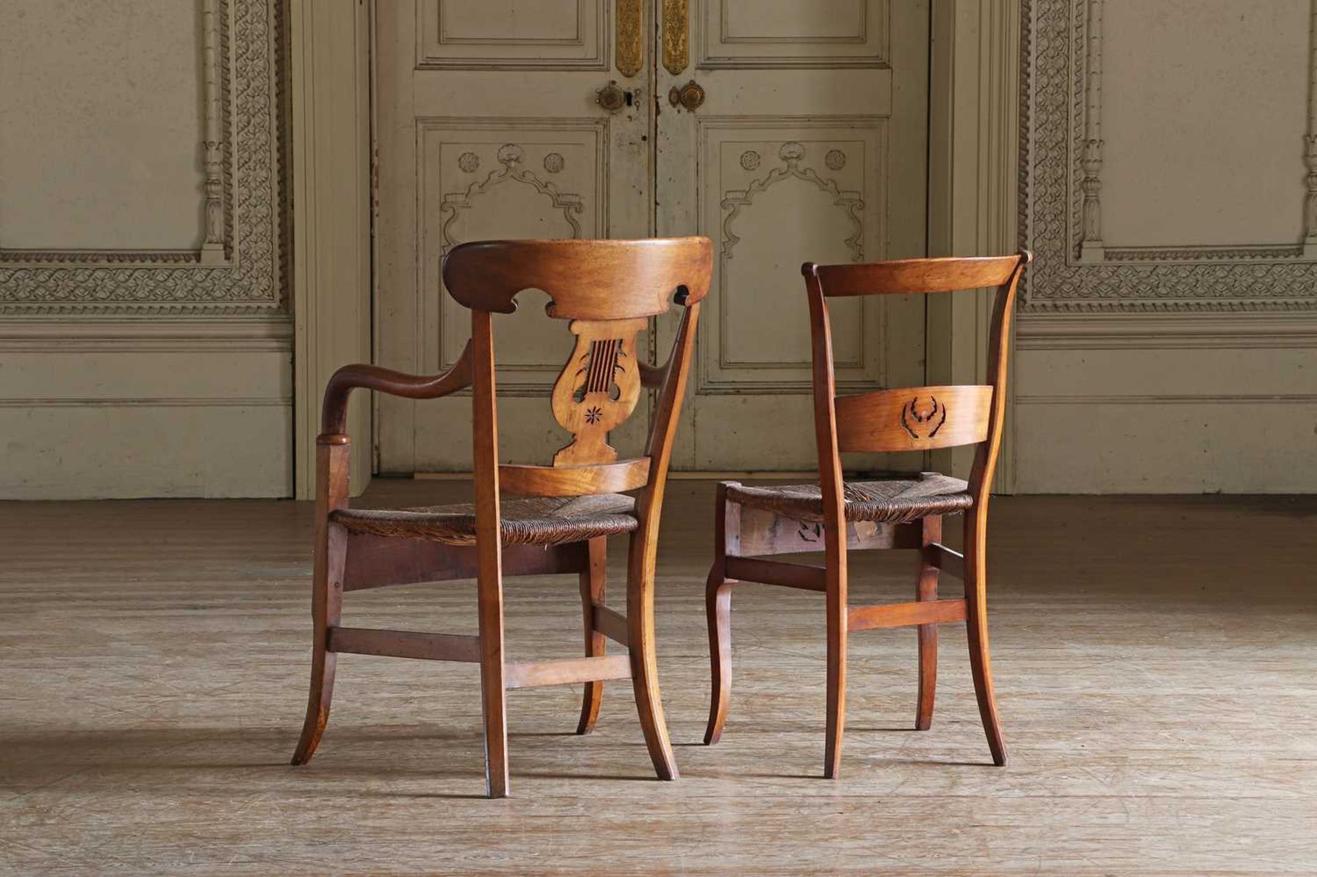 ☘ A composed set of six Biedermeier walnut dining chairs, - Image 9 of 9