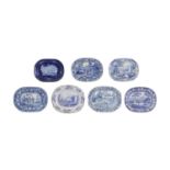 Seven various blue and white glazed stoneware meat plates,