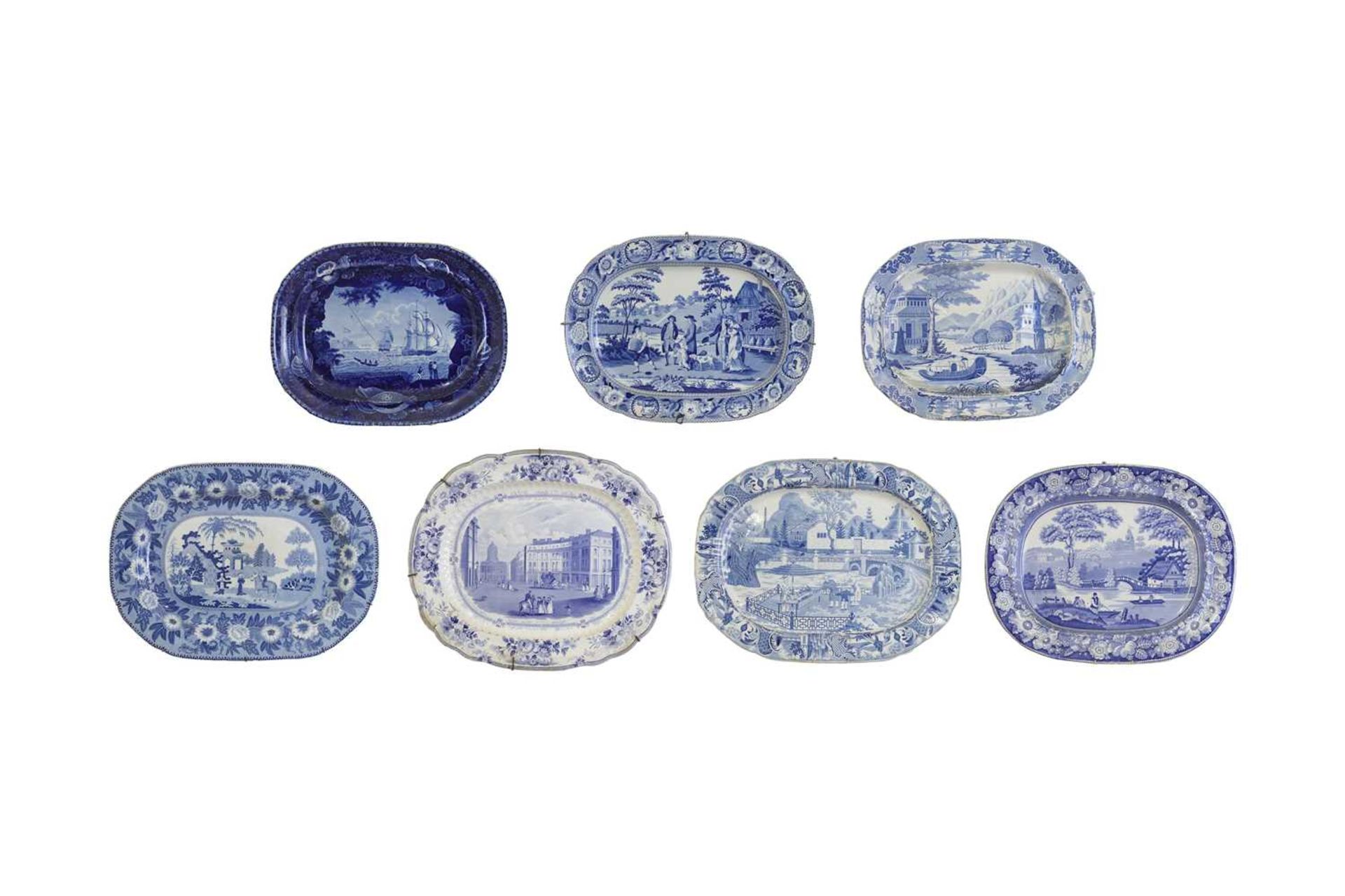 Seven various blue and white glazed stoneware meat plates,