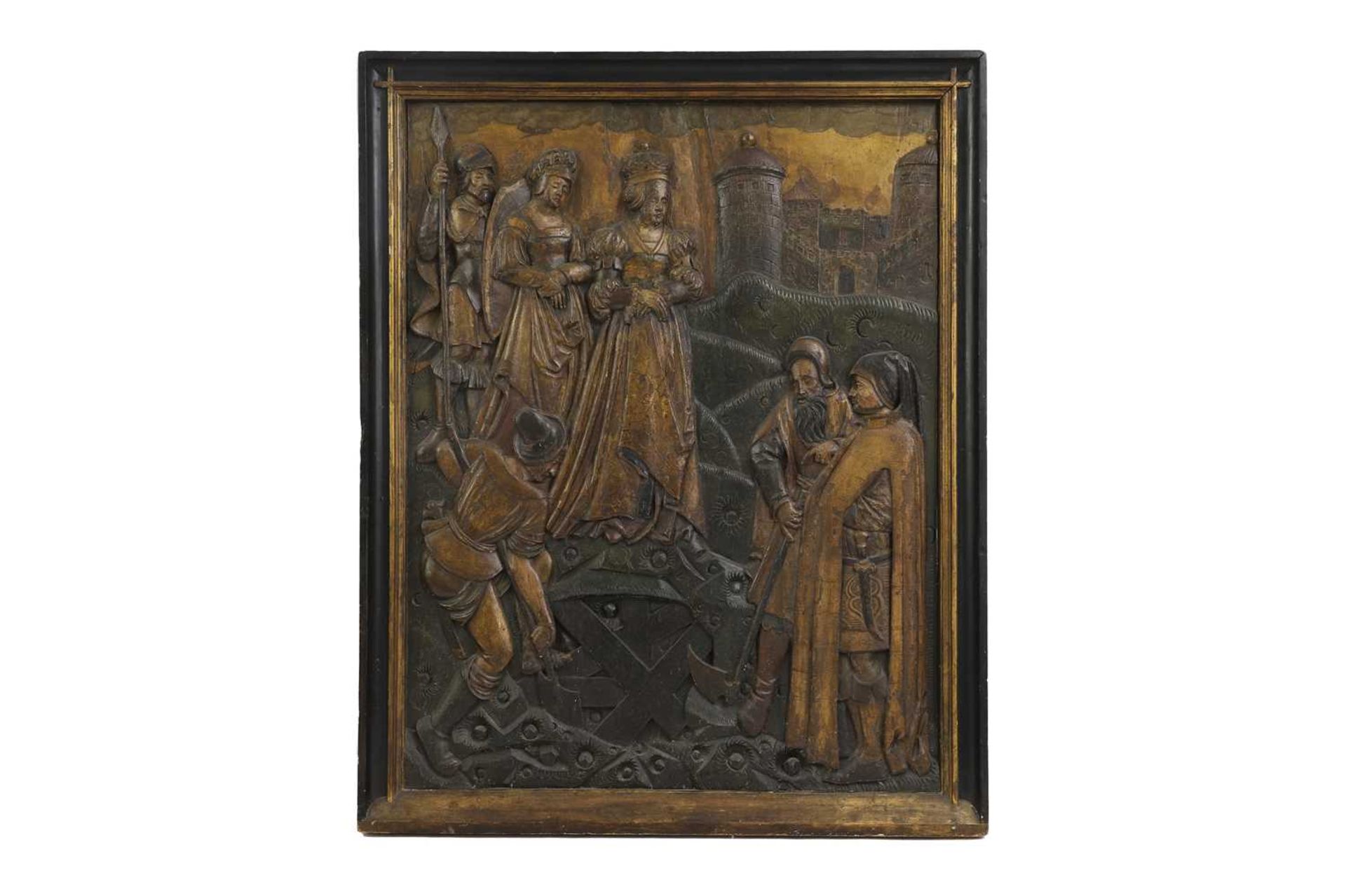 A large gilt and polychrome bas-relief panel, - Bild 9 aus 30