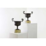 A pair of grand tour bronze urns,