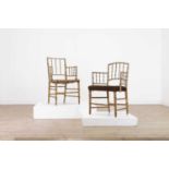 Two Regency faux bamboo painted open armchairs,