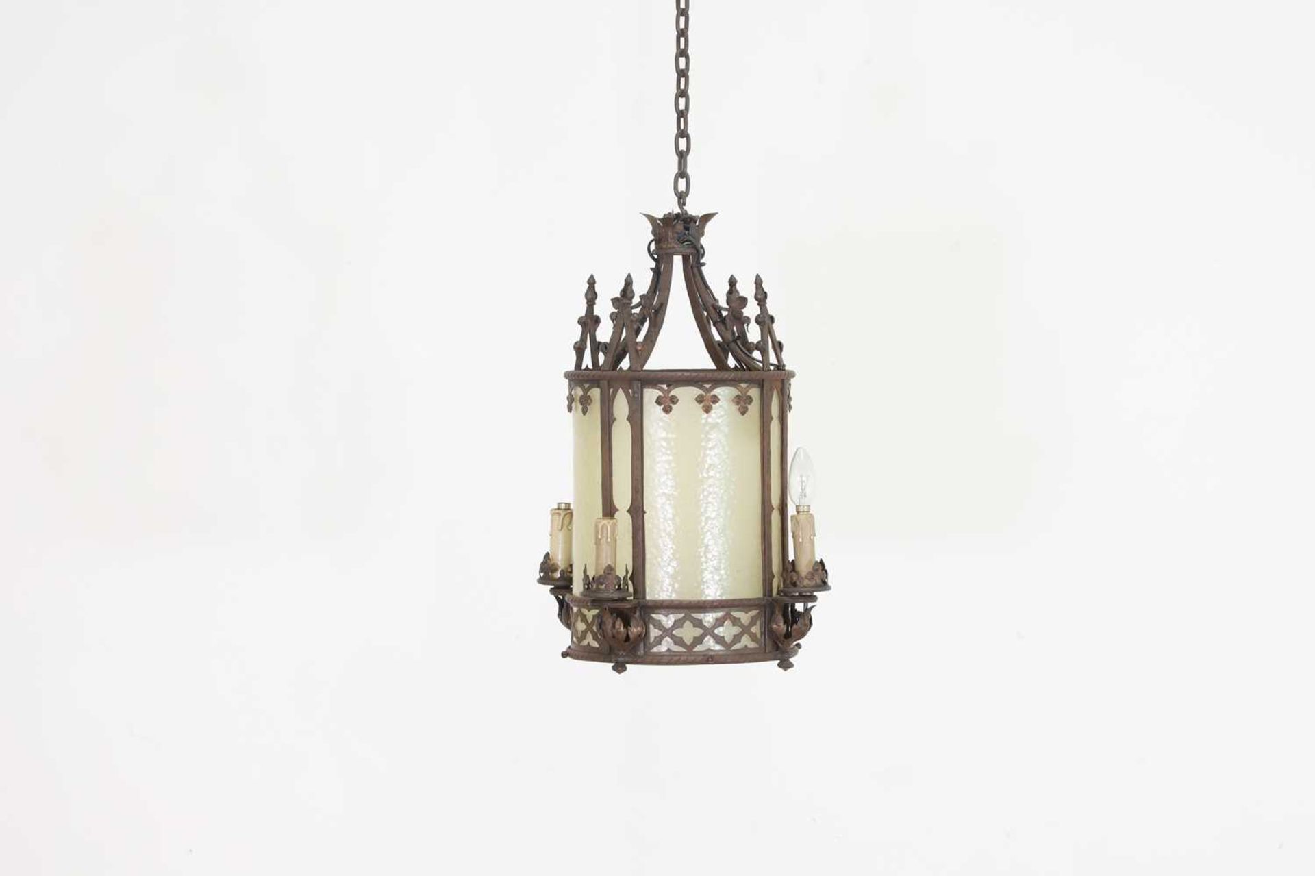 A Gothic wrought iron and glass lantern,
