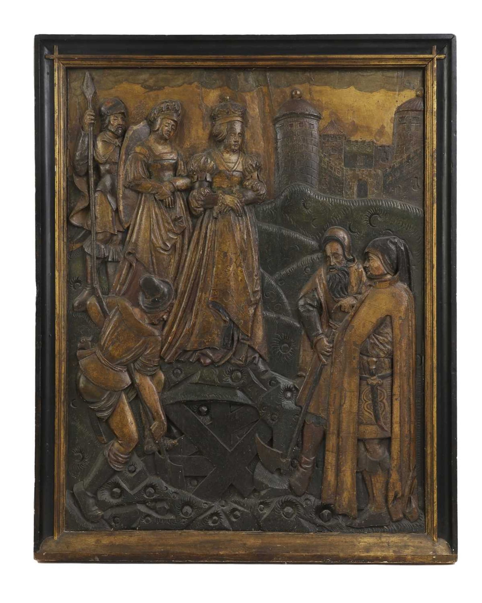 A large gilt and polychrome bas-relief panel,
