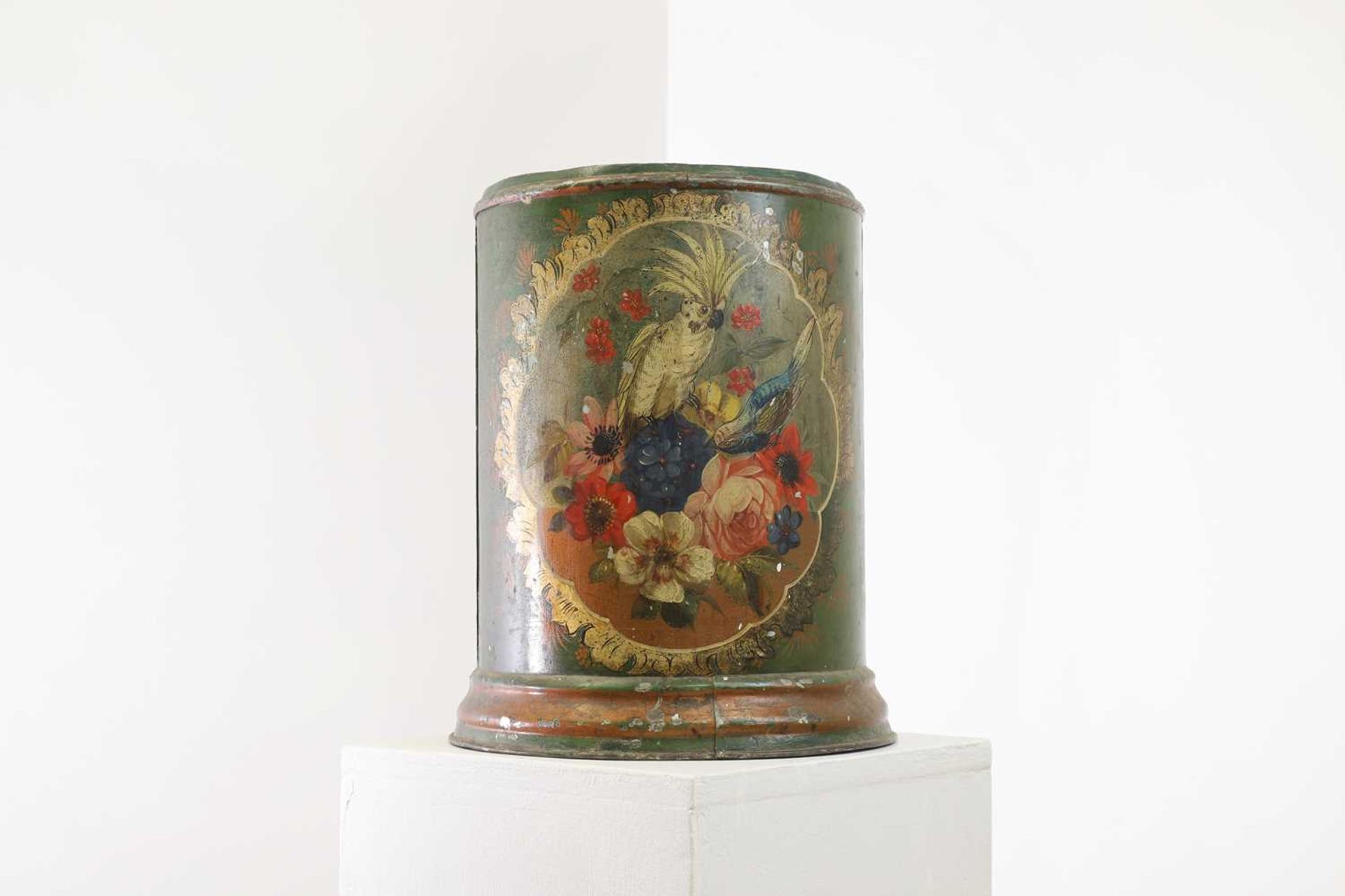 A toleware and painted wastepaper basket,