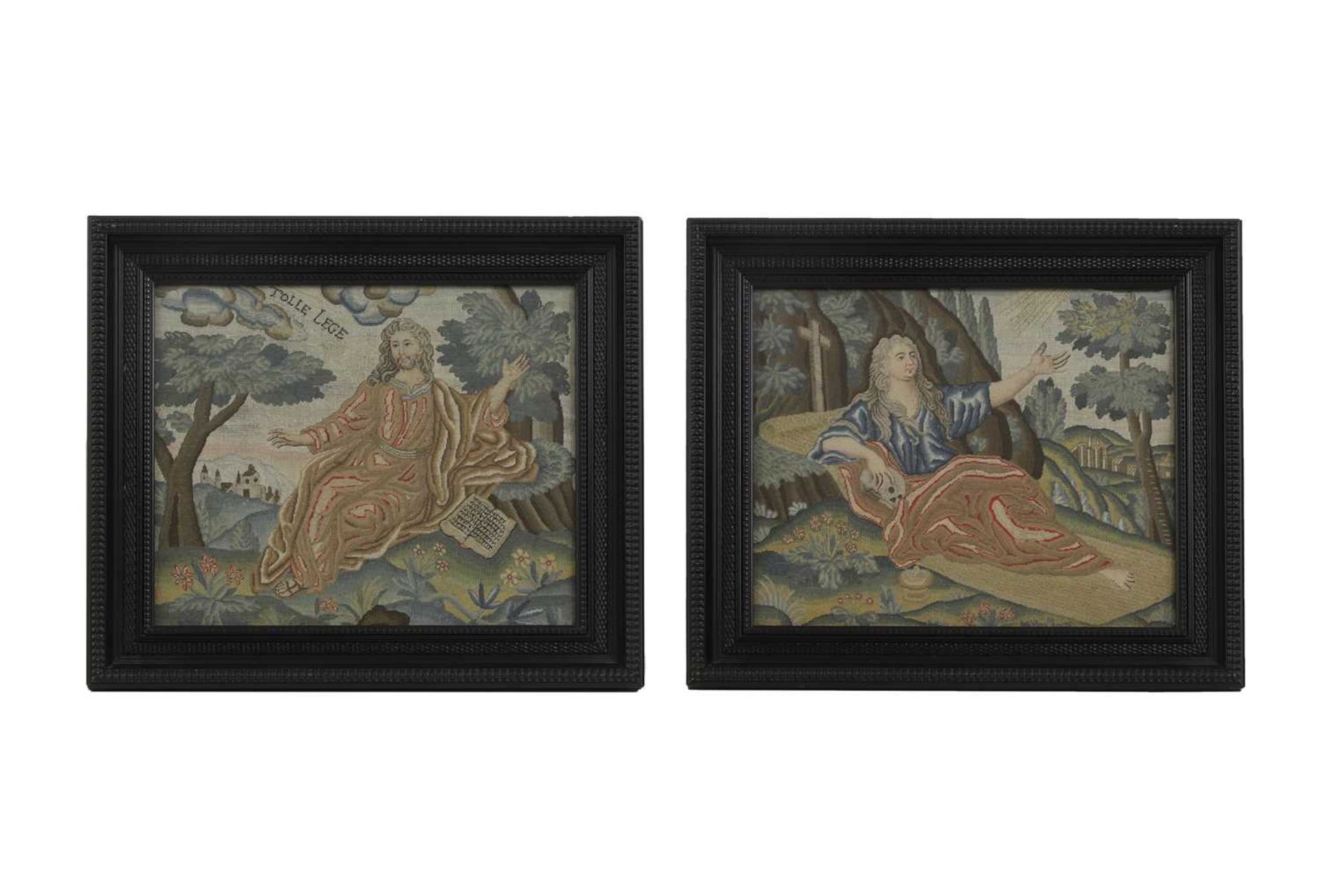 A pair of needlework pictures,