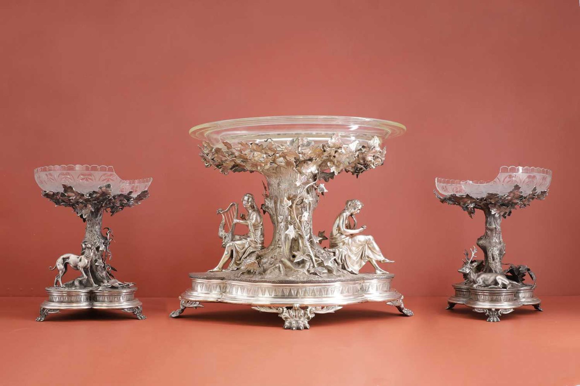 A Victorian three-piece silver-plated table garniture, - Image 2 of 30