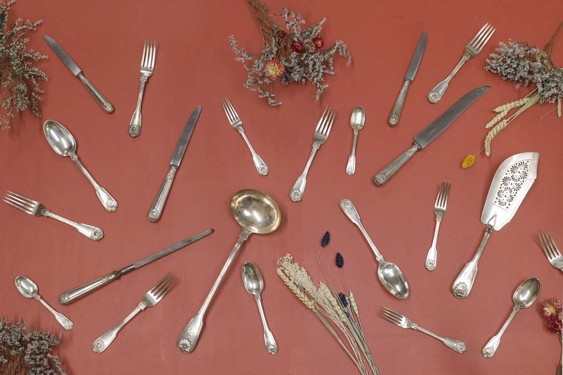 A composed George IV silver flatware service,