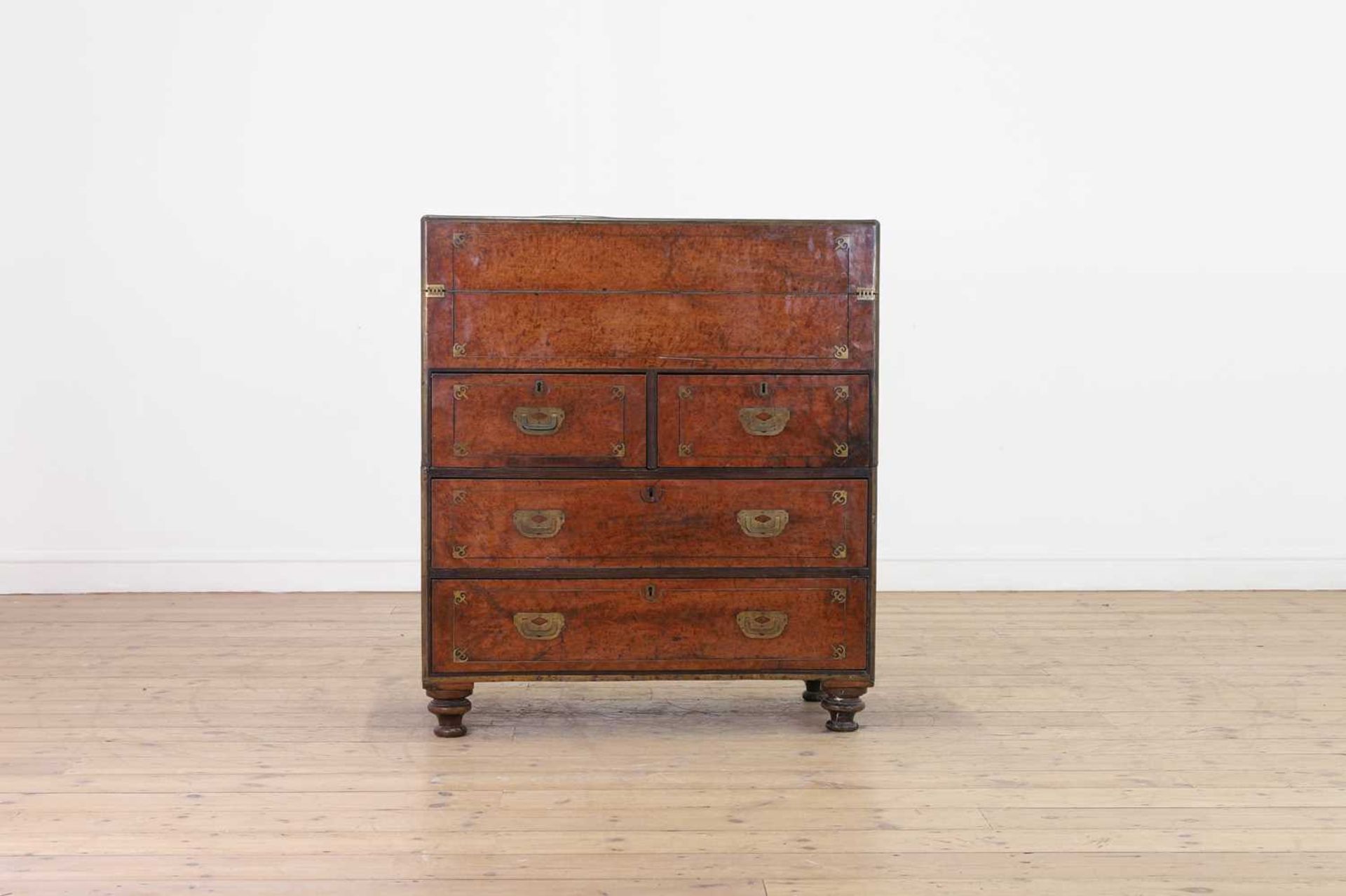 A camphor wood and brass campaign secretaire chest,