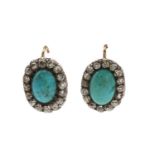 A pair of turquoise and diamond cluster drop earrings,