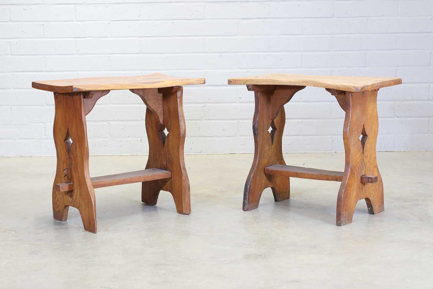 Two similar wood block side tables,