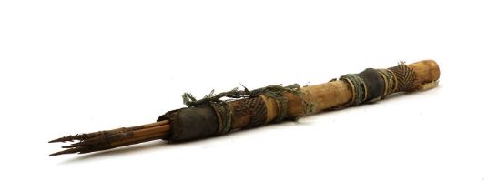 A cane and leather bound quiver with arrows,