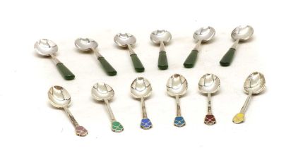 A cased set of six jade and silver teaspoons,