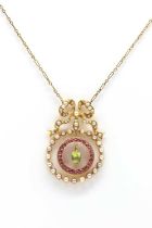 A Belle Époque peridot, ruby and seed pearl necklace with back chain,