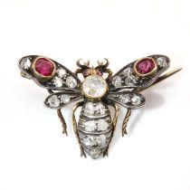 A late Victorian diamond and ruby bee brooch,