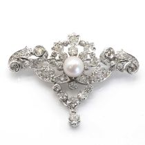 A Victorian style cultured pearl diamond brooch,