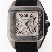 A gentlemen's stainless steel Cartier Santos 100 automatic chronograph strap watch,