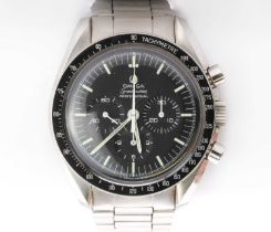 A gentlemen's stainless steel Omega 'Speedmaster' chronograph mechanical bracelet watch, c.1971.