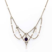 A 9ct gold seed pearl and amethyst festoon necklace,