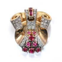 A gold diamond and synthetic ruby set single clip brooch, c.1950,