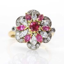 An 18ct gold ruby and diamond floral cluster,