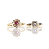 A ruby and seed pearl flowerhead cluster ring,