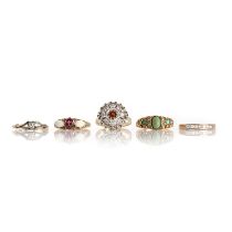 Five gold rings with diamonds or coloured gems,
