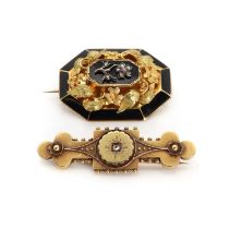 A Victorian gold diamond bar brooch and a gold diamond and enamel mourning brooch,