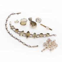 A collection of silver, gold, moonstone and quartz jewellery,