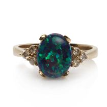 A 9ct gold synthetic black opal and diamond ring,