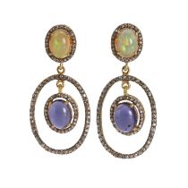 A pair of silver gilt iolite, opal and rose cut diamond drop earrings,