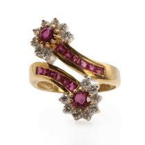 A ruby and diamond double cluster crossover ring,