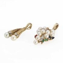 Two gold cultured pearl diamond enhancer pendants,