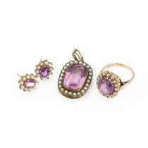 An amethyst and seed pearl ring and earrings, with a similar paste pendant,