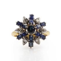 A gold sapphire and diamond target cluster ring,