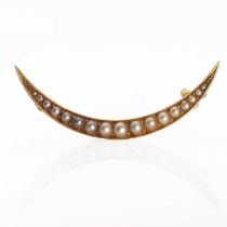 A Victorian gold seed pearl crescent brooch,