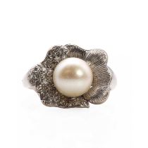 A white gold cultured pearl and diamond ring,