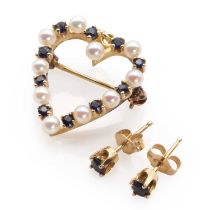 A gold sapphire and seed pearl heart pendant/brooch,