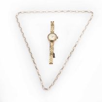 A ladies' 9ct gold Majex bracelet watch and 9ct gold belcher link chain,