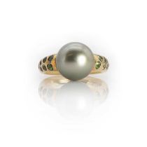 A single stone Tahitian cultured pearl ring with gem set shoulders,